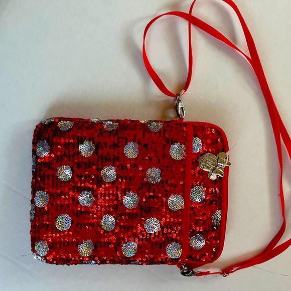 Disney Handbags - EUC Disney, red & white polkadot sequined bag purse tablet holder w strap